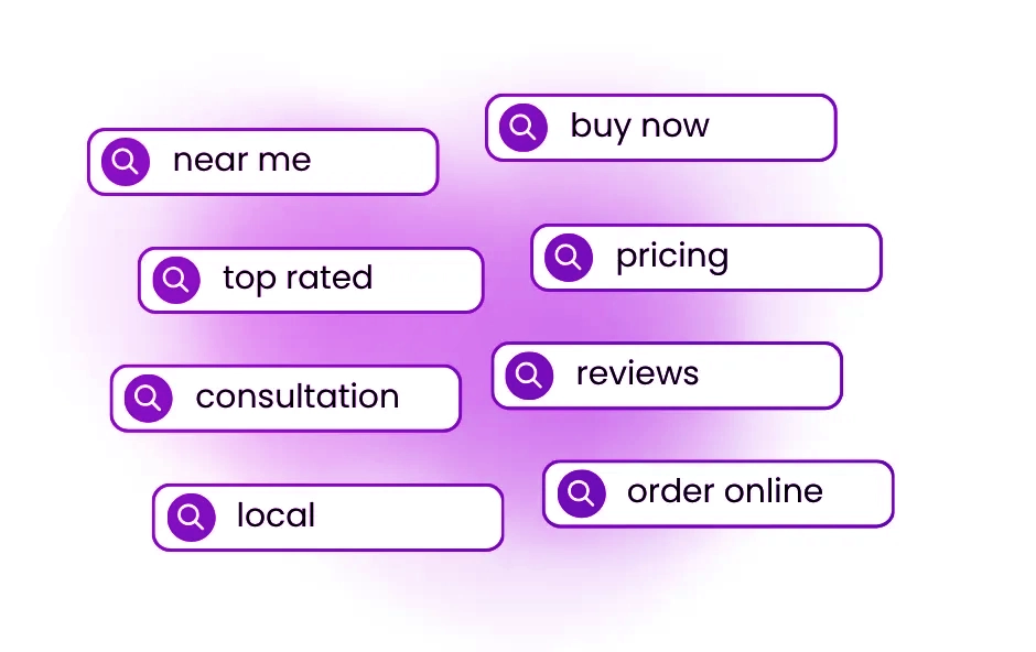 Purple search buttons with labels like near me, buy now, top rated, pricing, consultation, reviews, local, and order online
