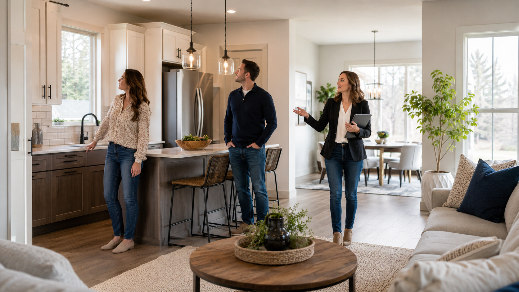 Prospective homebuyers tour a modern Crown Point, Indiana home with a real estate agent in the kitchen and living area.
