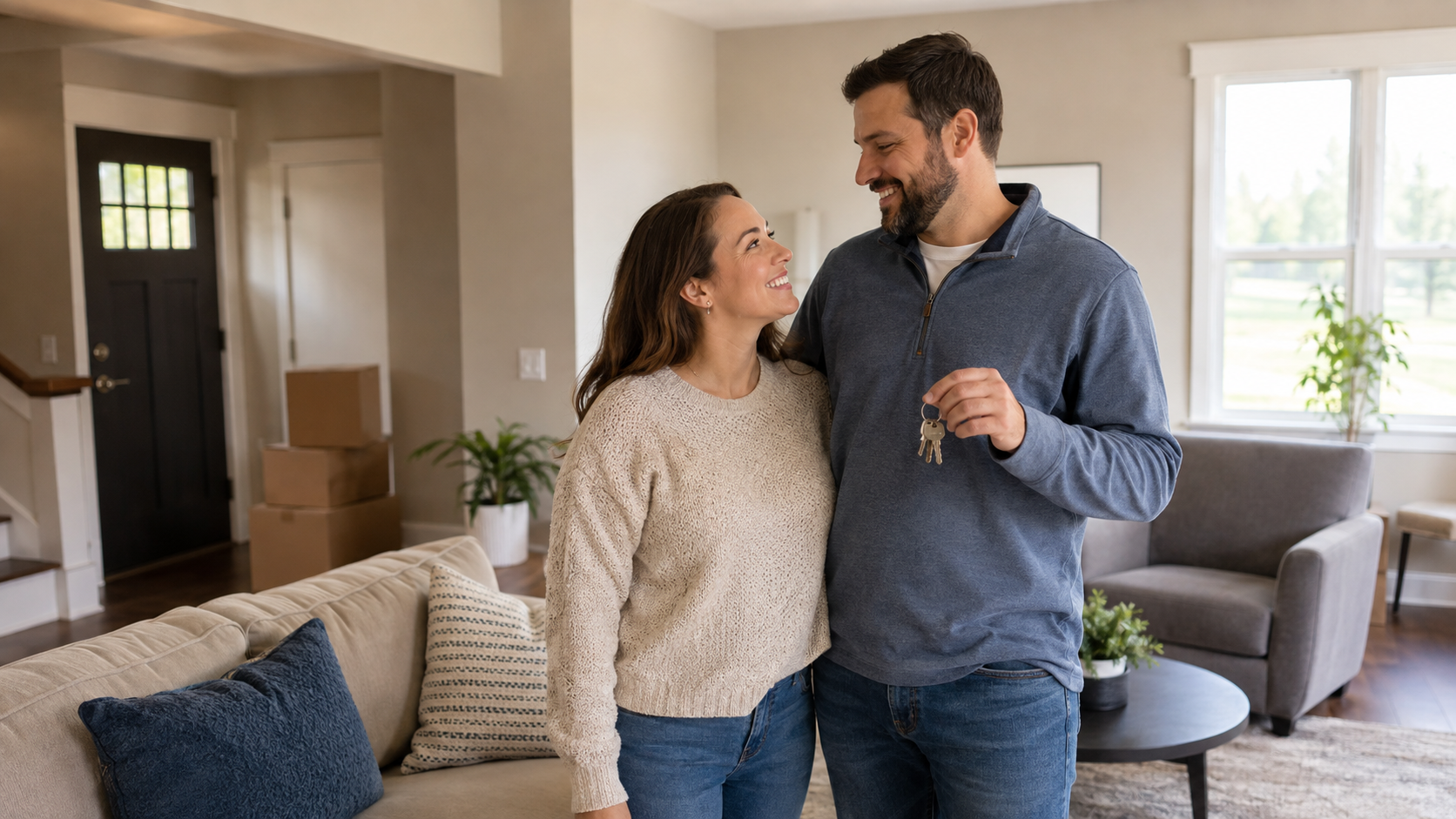 New homeowners in a Crown Point, Indiana living room hold house keys beside moving boxes after completing their purchase.