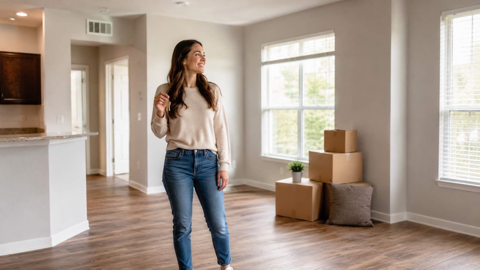 Happy renter holding apartment keys in a bright Northwest Indiana living room with moving boxes ready for move-in.