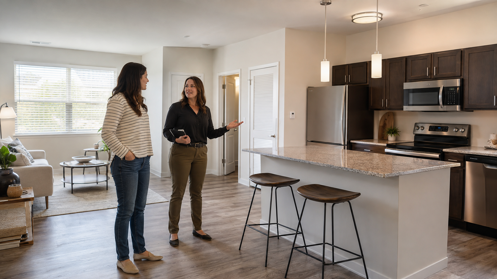 Prospective renter touring a Northwest Indiana apartment with a real estate professional in a bright open kitchen.