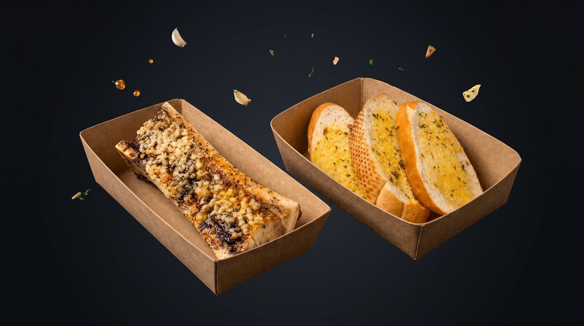 Two takeout trays of sliced bread, one topped with crumbly filling and one with citrus slices, on a dark background