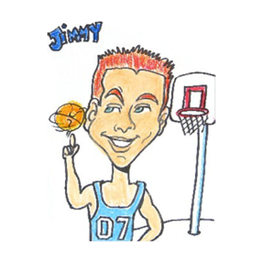 A cartoon of a man holding a basketball and a basketball hoop.