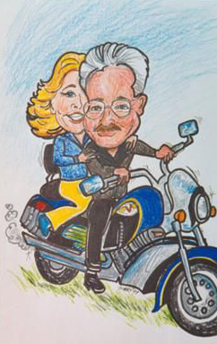 A man and a woman are riding a motorcycle in a comic book style.