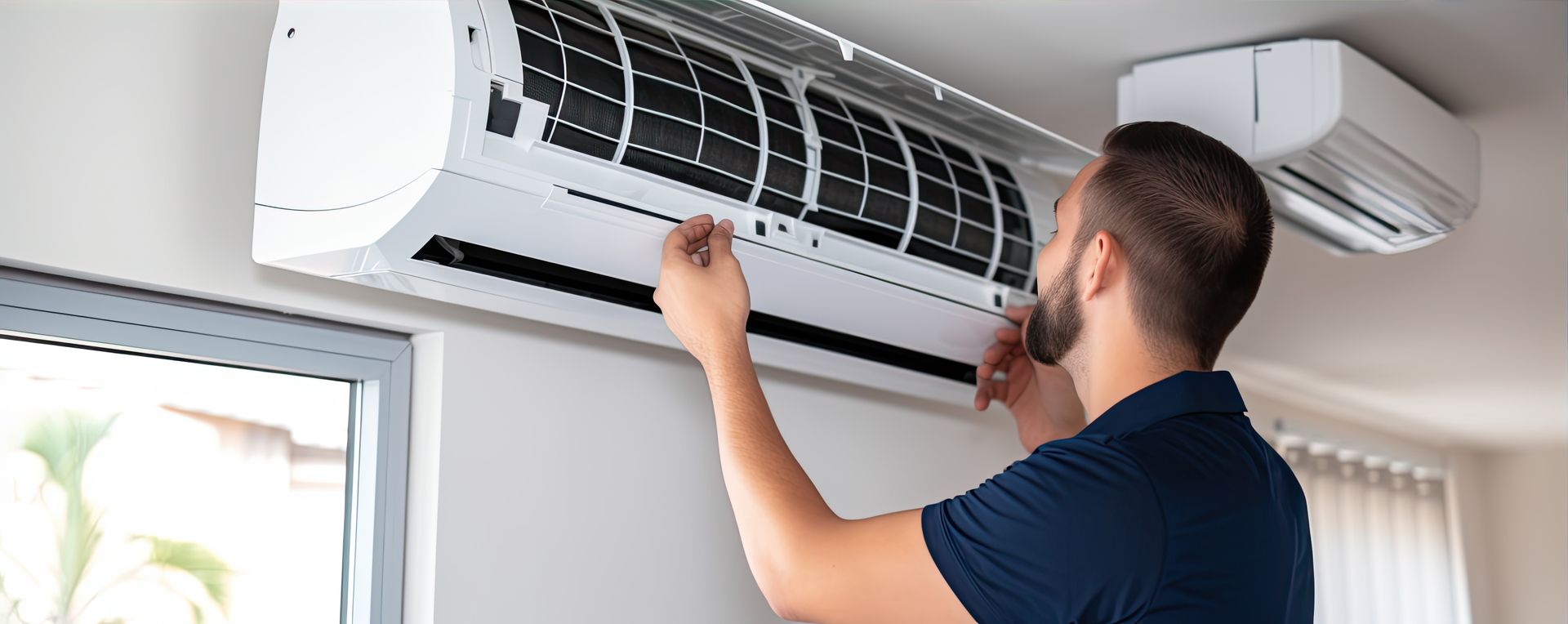 Un homme effectue la maintenance d'un climatiseur mural à l'intérieur, probablement pour des travaux d'entretien ou de réparation.