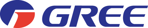 Logo Gree. Un cercle bleu orné d'un motif rouge et blanc et du mot « GREE » en bleu.