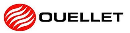 Logo OUELLET : un cercle rouge contenant des lignes blanches ondulées. Inscription « OUELLET » en noir à droite.