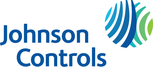 Logo de Johnson Controls : Texte bleu et motif sphérique bleu/vert sur fond blanc.