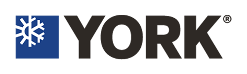 Logo de York avec un carré bleu contenant un flocon de neige, suivi de l'inscription « YORK » en gris foncé.