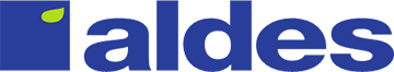 Logo Aldes avec un carré bleu et une feuille verte.