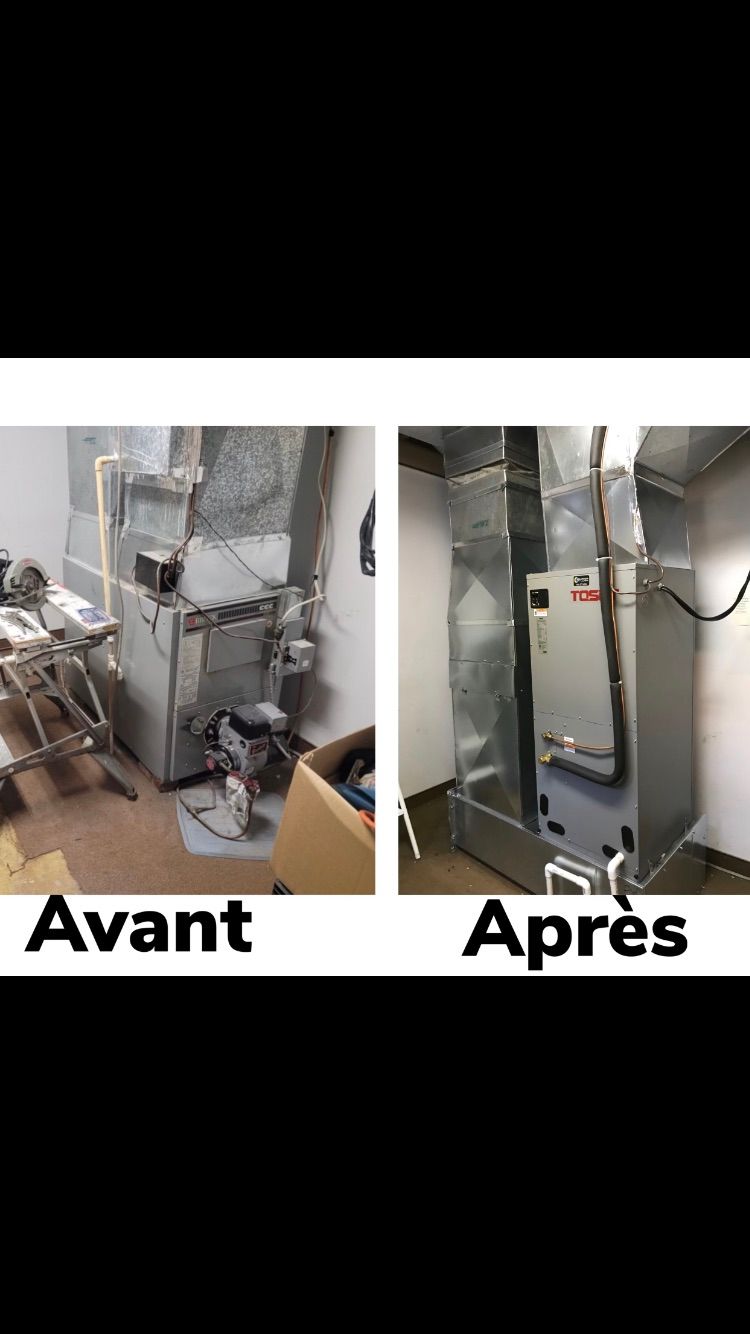 Comparaison d'une chaudière avant et après son remplacement. L'ancienne chaudière est à gauche, la nouvelle à droite.