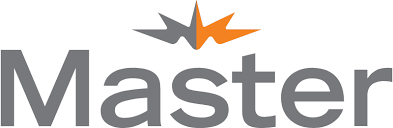 Logo du mot « Master » surmonté d'un motif abstrait en forme d'éclair. Le motif est gris et orange.