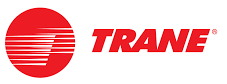 Logo Trane : Cercle rouge avec des lignes blanches et le texte rouge « TRANE ».