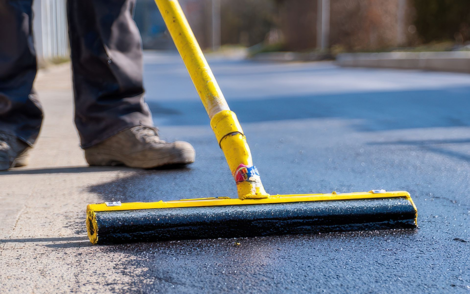 A person in work clothes uses a squeegee to apply black asphalt sealer to a driveway in bright, sunny outdoor conditions.