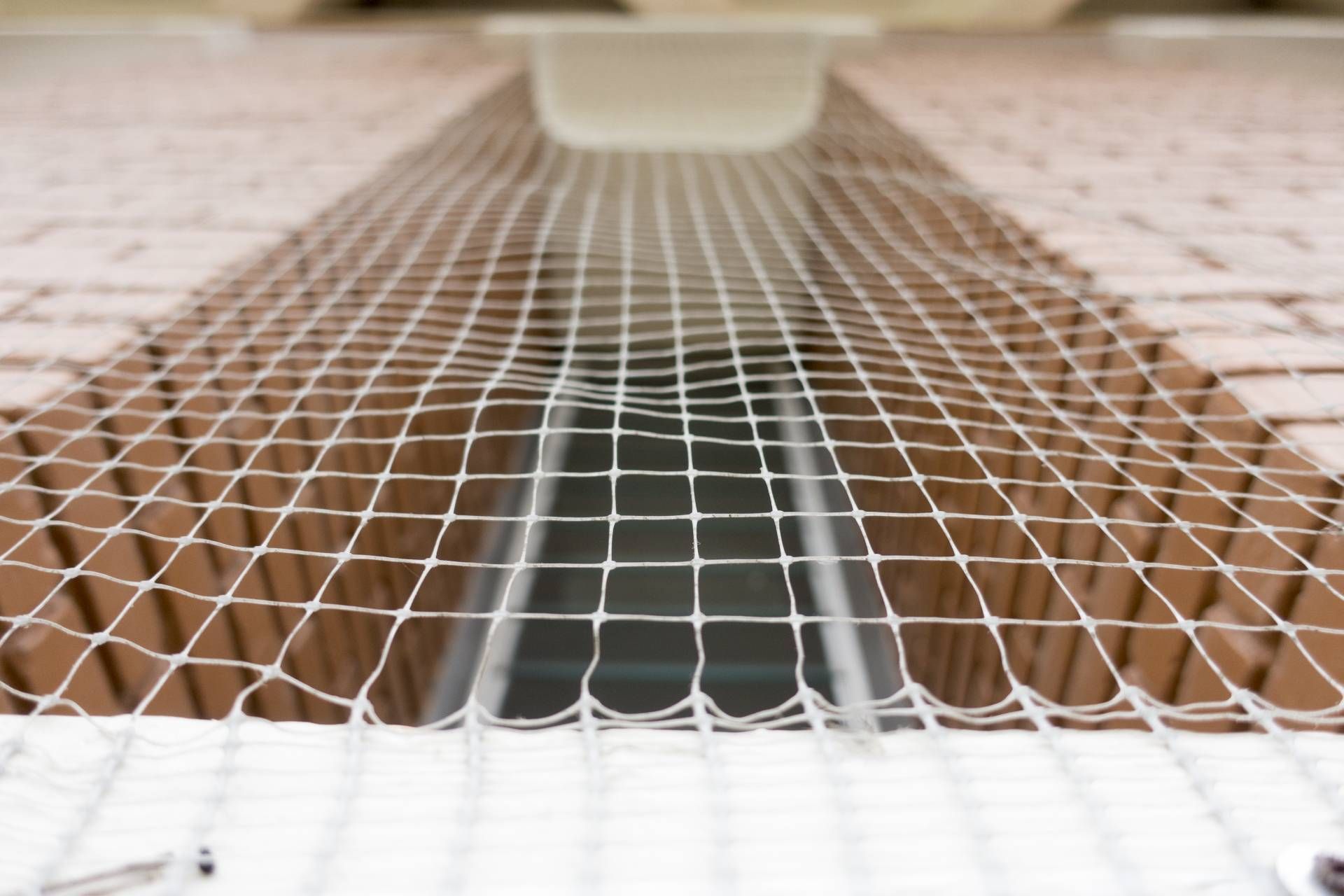 White netting installed over a window opening on a brick building, preventing access.