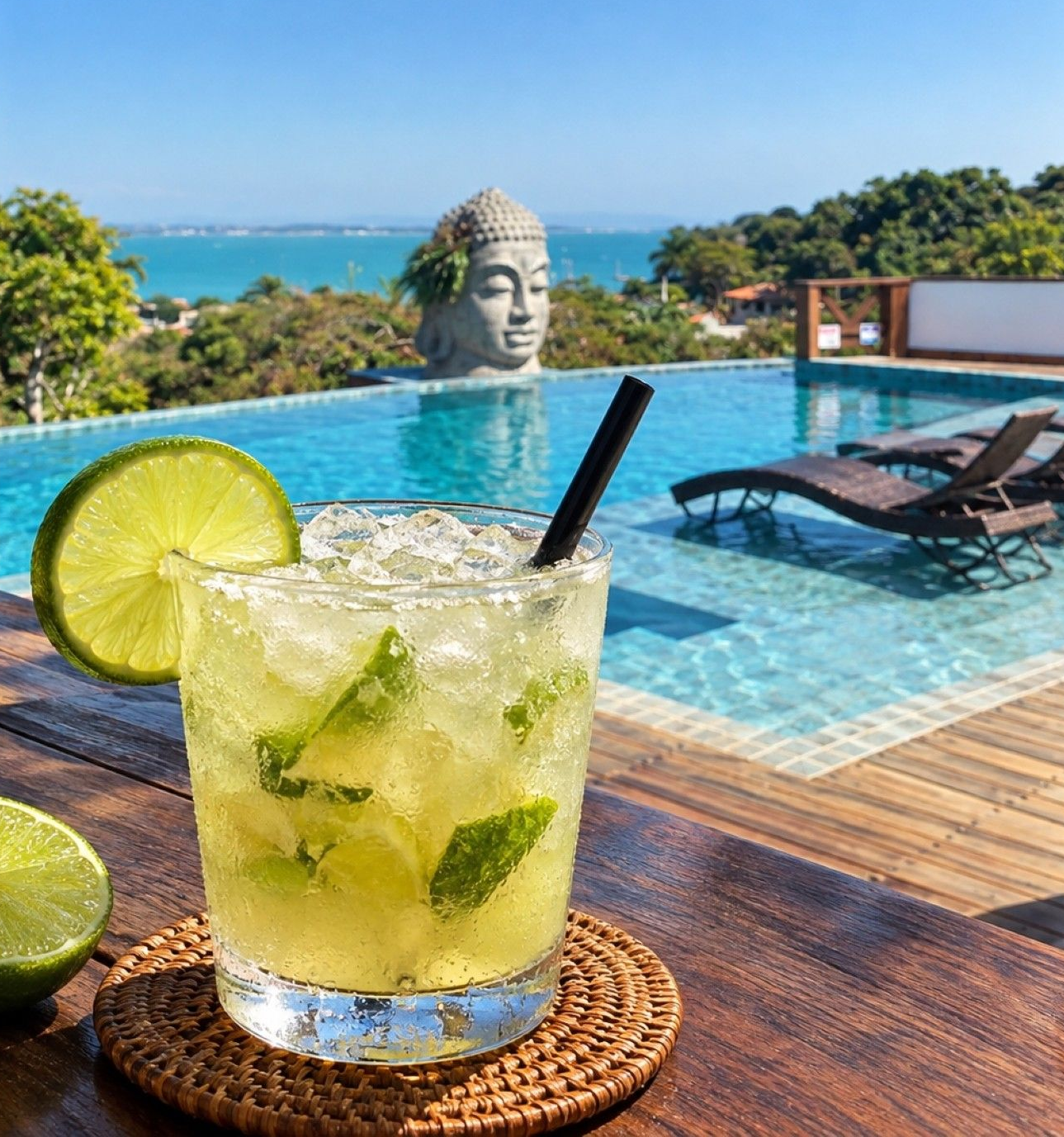 Bebida tropical à beira da piscina, com uma lima em primeiro plano, piscina de borda infinita, vista para o mar e uma estátua de Buda ao fundo