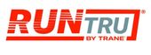 A red and white logo for run tru by trane