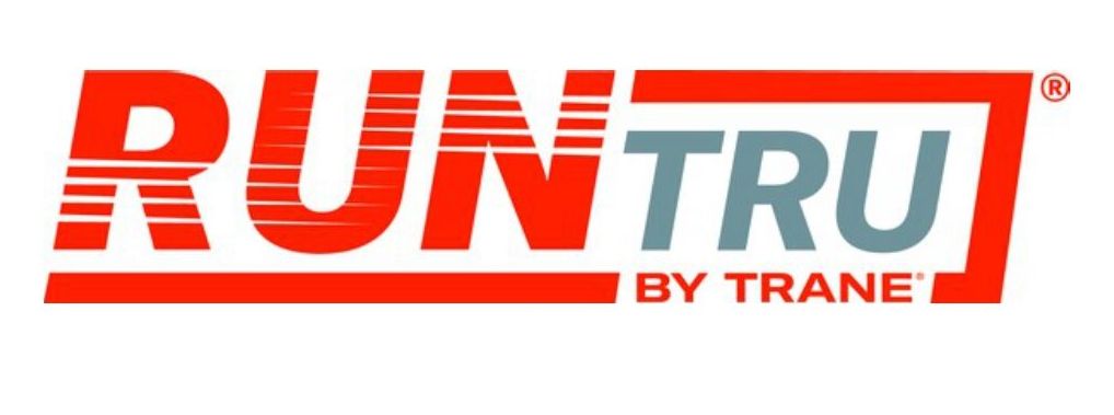 A red and white logo for run tru by trane