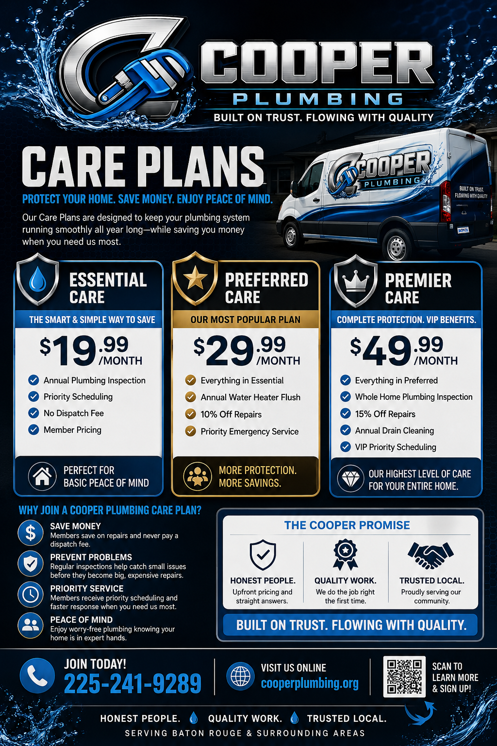 Cooper Plumbing care plans flyer with three service tiers, blue theme, van image, and contact details