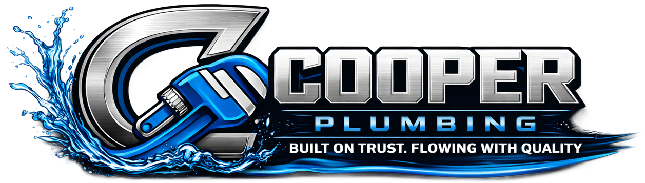 Cooter Plumbing logo with silver and blue &ldquo;Cooter&rdquo; text, a wrench, and water splash graphic