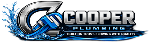 Cooper Plumbing logo with blue house roof, faucet icons, and license numbers in a circular badge