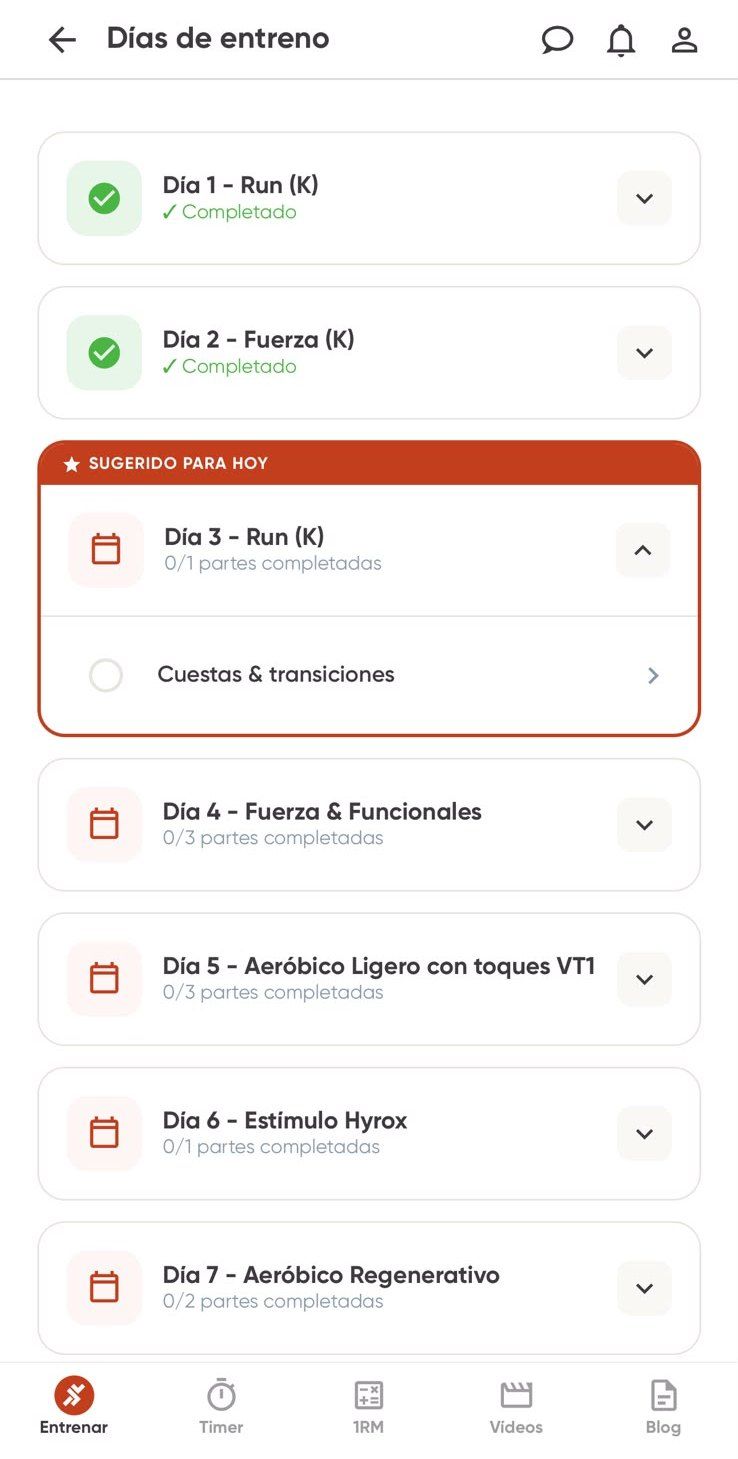 metapp: días de entreno con Día 1 Run (K) y Día 2 Fuerza (K) completados y Día 3 Run (K) sugerido para hoy