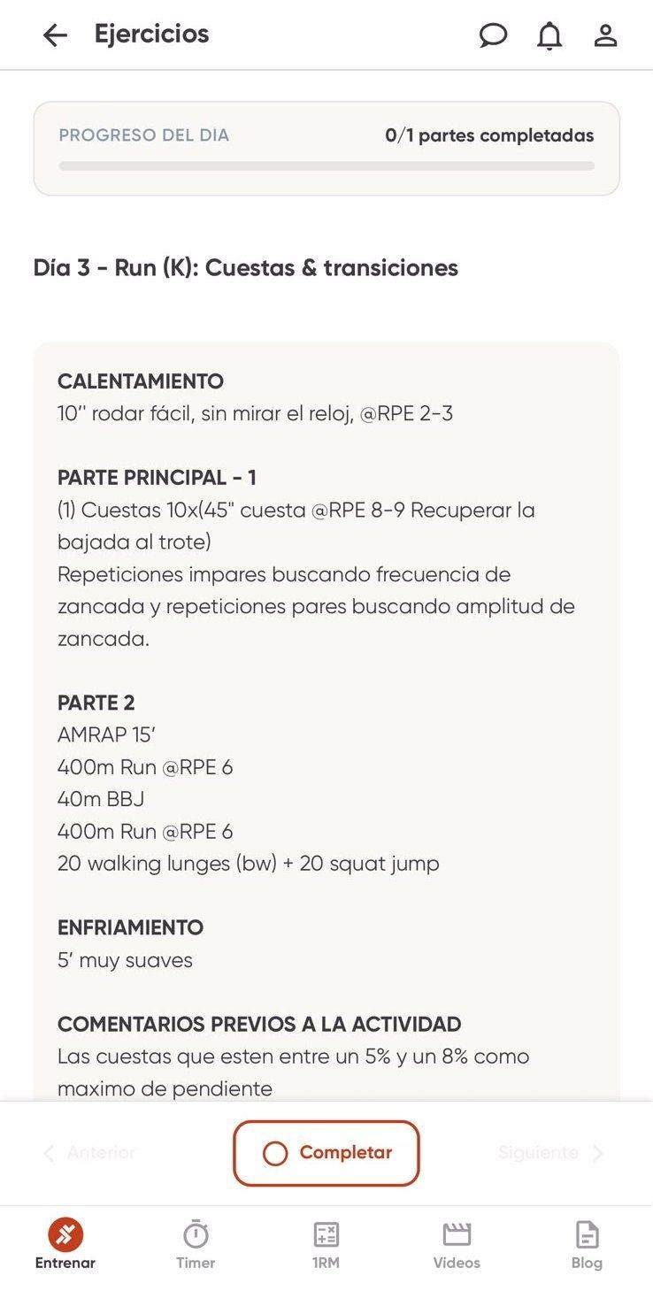 metapp: sesión Día 3 Run (K), cuestas y transiciones, con calentamiento a RPE 2-3, cuestas a RPE 8-9 y carrera a RPE 6