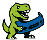 Green cartoon T-rex holding a blue car bumper, grinning with sharp teeth