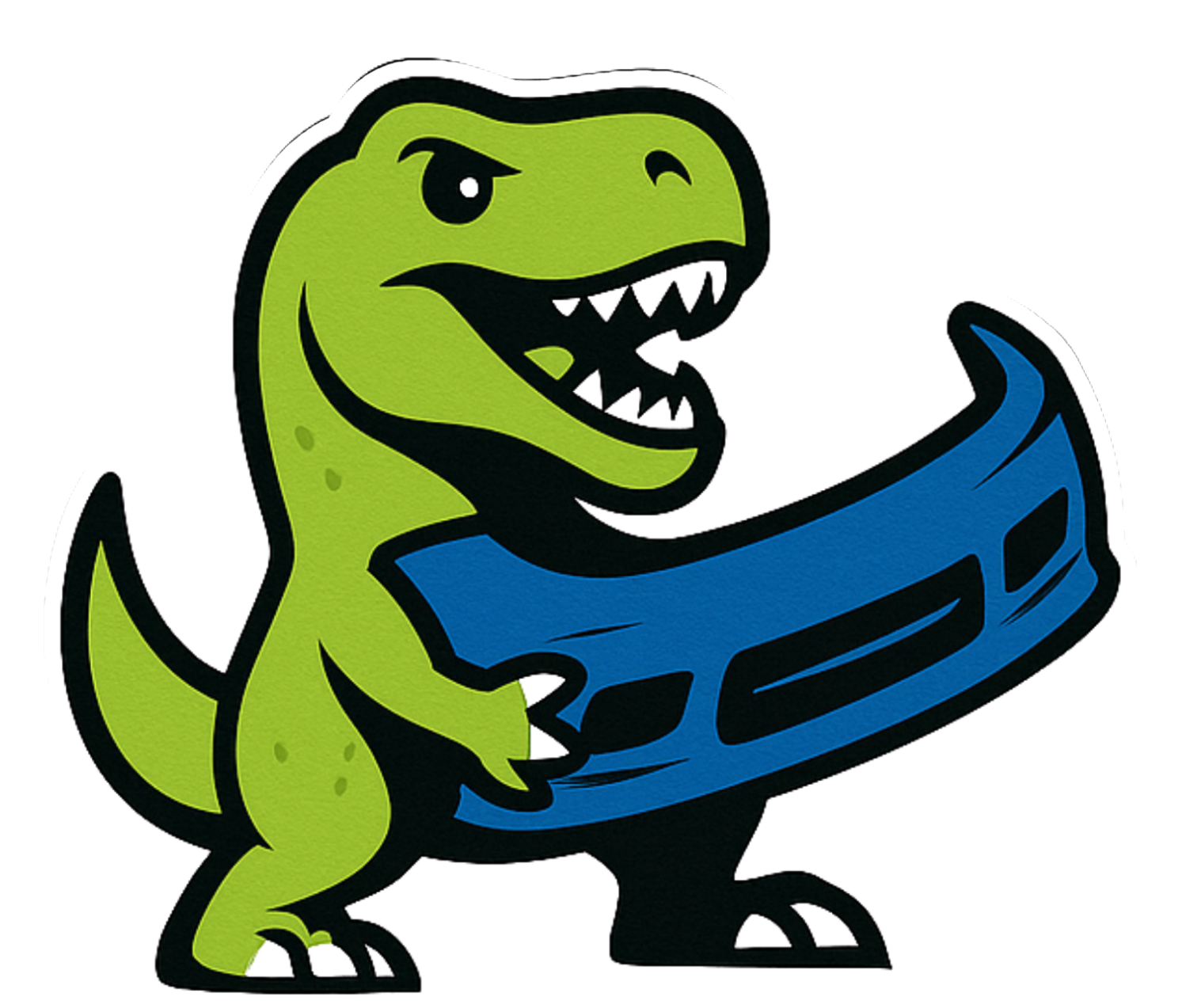 Green cartoon dinosaur holding a blue car bumper with a playful grin