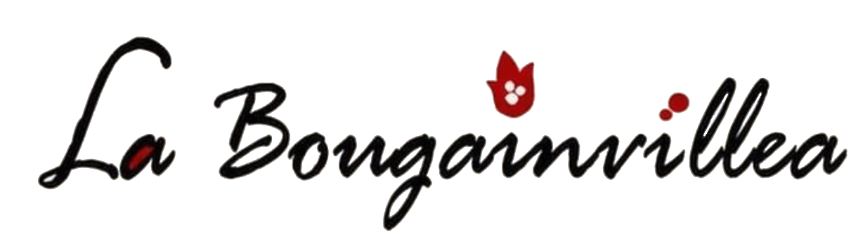 Stylized “La Bougainvillea” logo in dark script with a small red flower accent on a white background