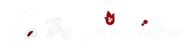 La Bougainvillea logo with cursive gray text and a small red flower accent