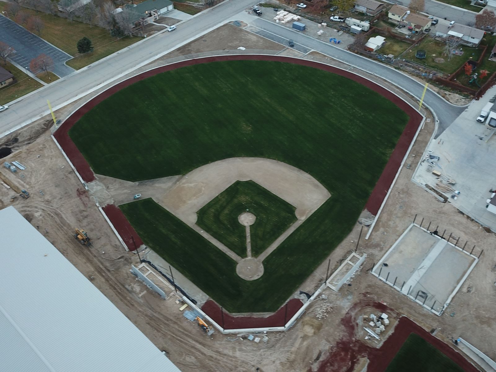 An aerial view of a baseball field under construction