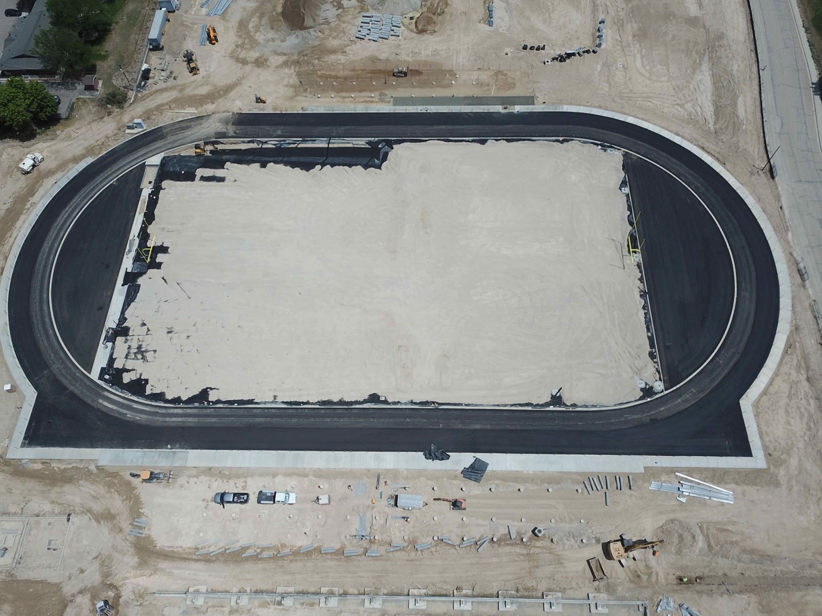 An aerial view of a track that is being built
