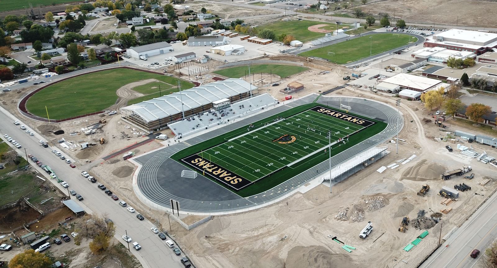 An aerial view of a football stadium under construction.