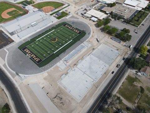 An aerial view of a spartans football field