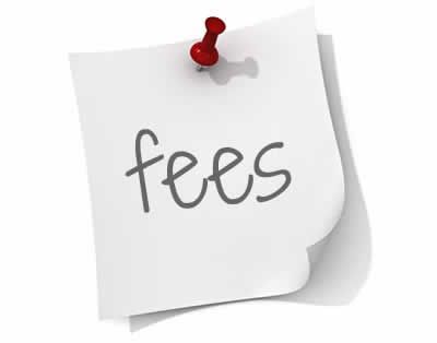 A sticky note with the word fees written on it