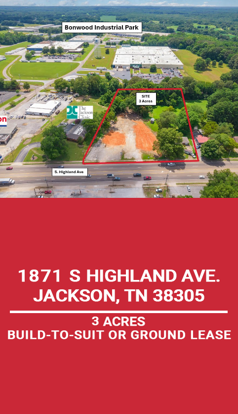 Aerial view of 3-acre property at 1871 South Highland Avenue in Jackson, TN, marked by a red outline; option for Build-to-Suit or ground lease.