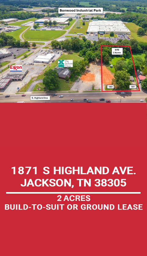 Aerial view of 3-acre property at 1871 South Highland Avenue in Jackson, TN, marked by a red outline; option for Build-to-Suit or ground lease.