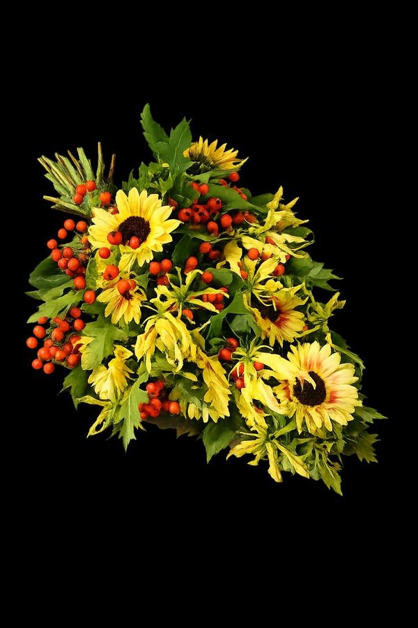 Rouwboeket zonnebloemen, zelf gemaakt.