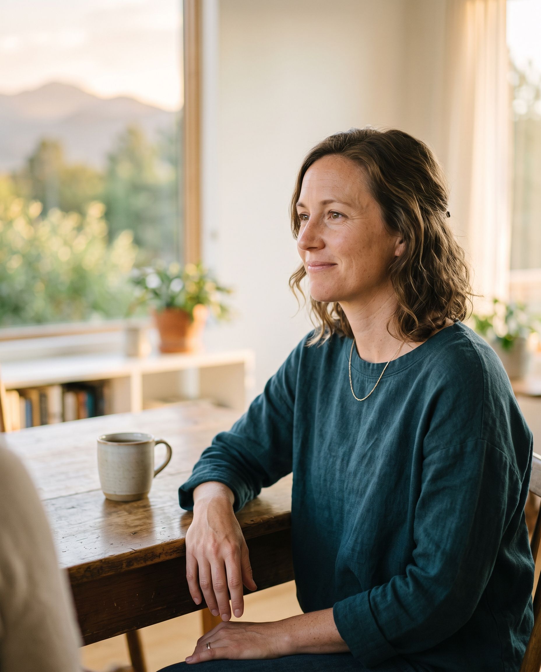 Woman seated at a table with a coffee mug, looking out a window in a bright home interior