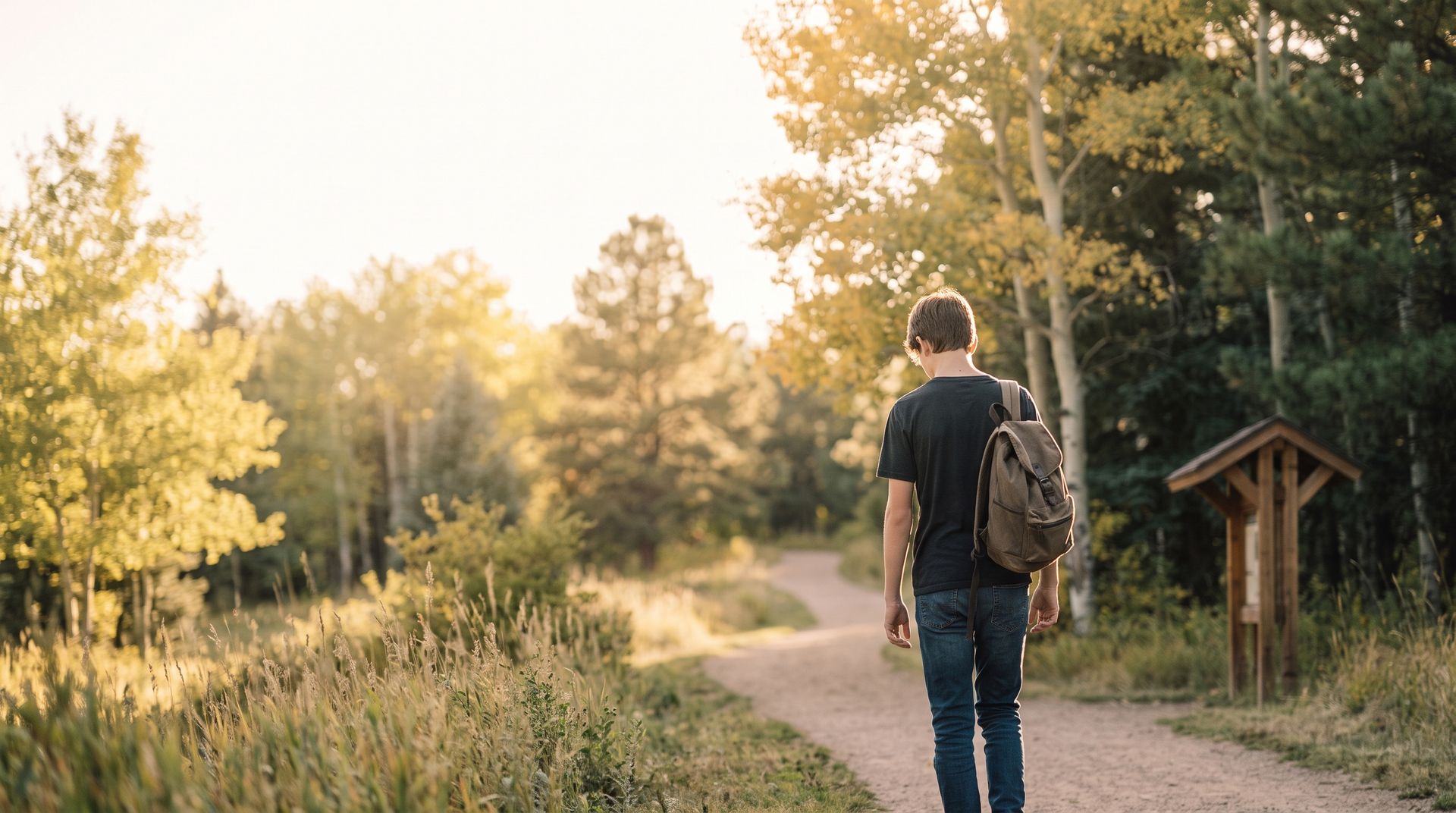 Person walking on a winding path through a sunlit wooded park with a backpack
