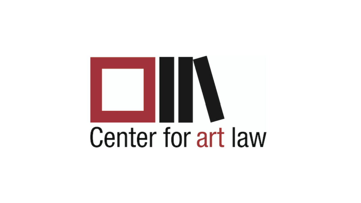 Logo for Center for Art Law, with a red square, black bars, and black books, the text