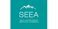 Logo for South Eastern Europe Arbitration Conference (SEEA) with mountain graphic on a teal background.