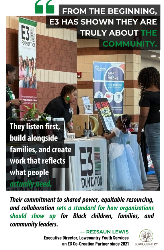 E3 Foundation outreach event booth supporting community families and students with information and resources