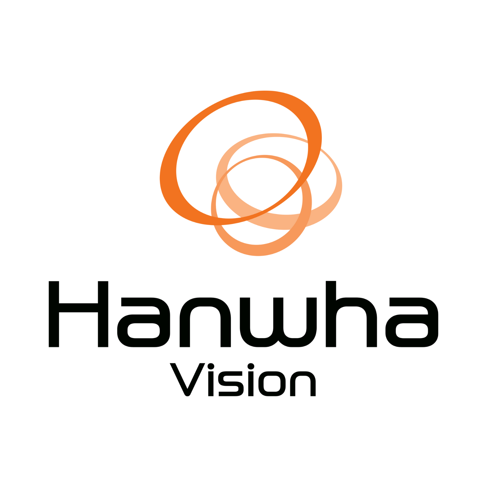 Hanwha Vision logo with orange overlapping rings and black text on a white background