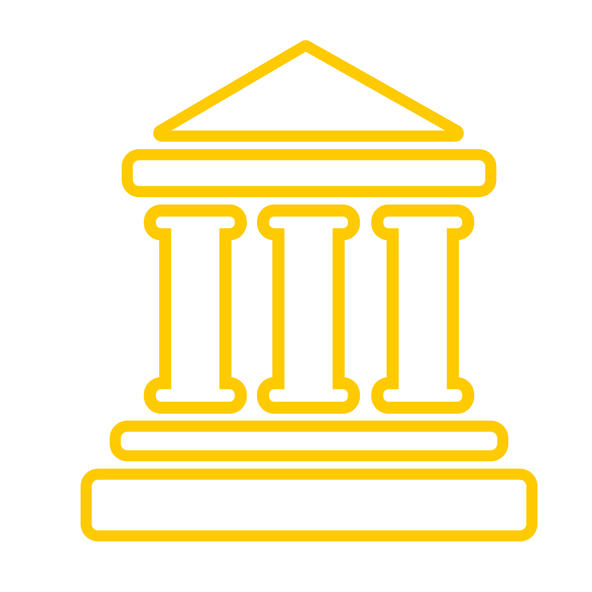 A yellow line drawing of a building with three columns.
