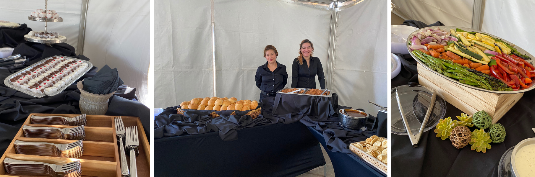 Catered food buffet under white tent with trays of dishes and fruit platters on long tables