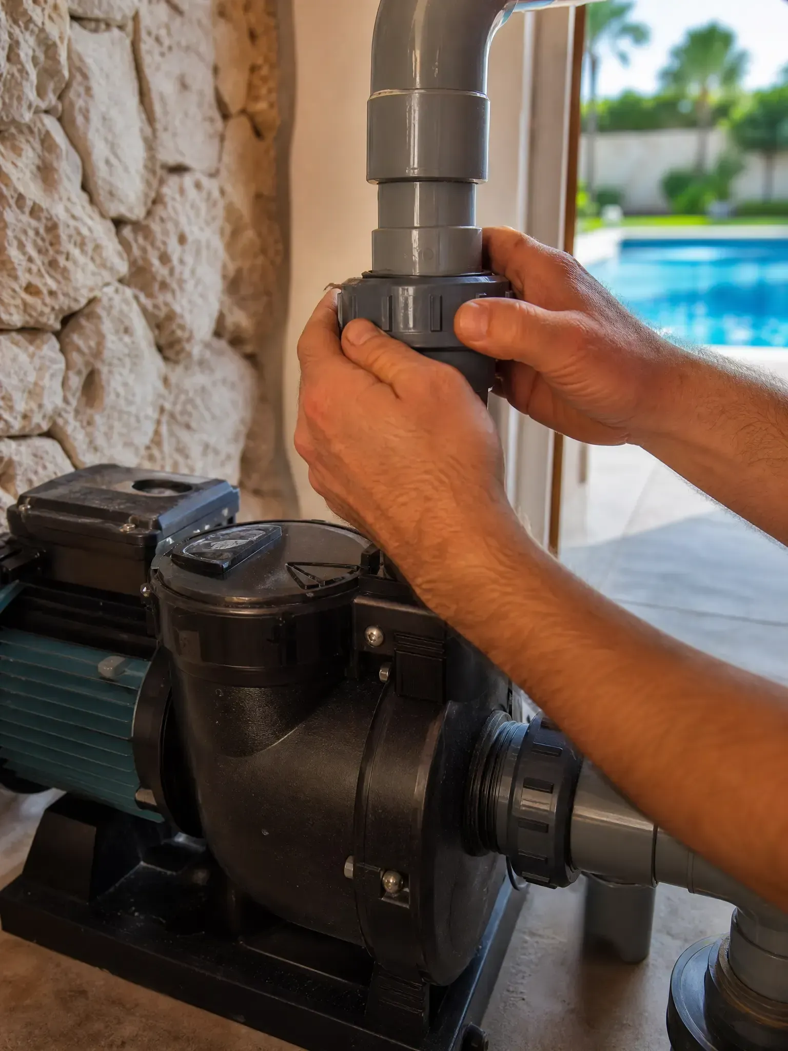 Pool plumbing being repaired at an Algarve rental villa by English speaking plumber