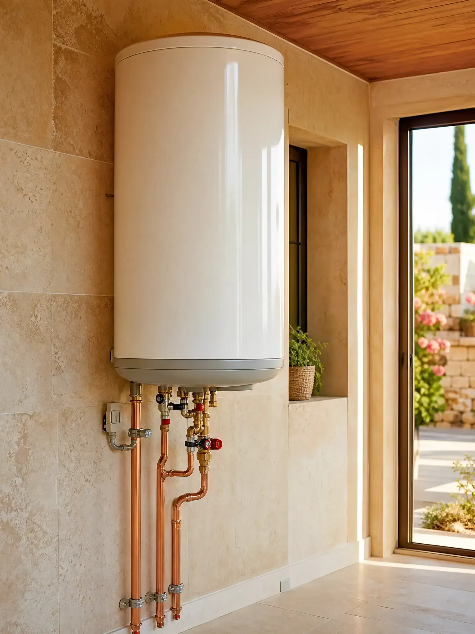 Electric storage water heater being installed at an Algarve villa