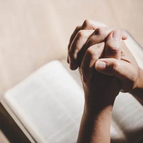 A person is praying with their hands folded in front of a bible.